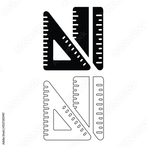 Vector illustration of two sets of black and white drafting triangle and ruler tools