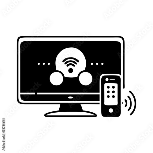 Smart television displaying a wifi connection with remote control and smart phone silhouette vector