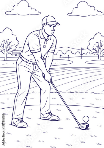 Male golfer teeing off on golf course in line art style