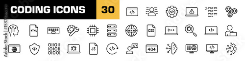 Coding icons. Code line icon set. Isolated programming vector set. Line icon programmer sign.