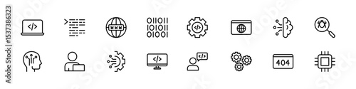 Coding icons. Code line icon set. Isolated programming vector set. Line icon programmer sign.