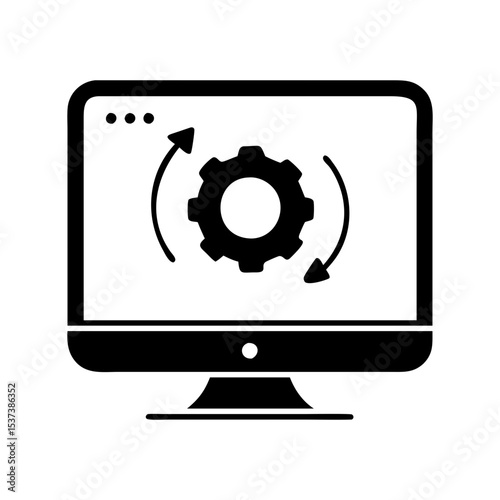 Computer monitor showing a gear with circular arrows representing continuous processes silhouette vector