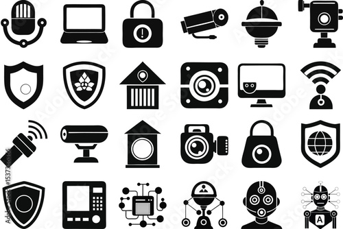 Cyber security icon collection with lock shield password and tech symbols for safe network protection visuals