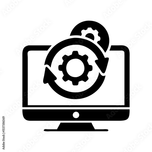 Automated computer process with gears and arrows around a monitor screen silhouette vector