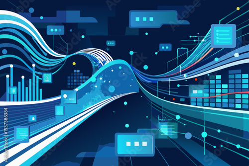Abstract city night skyline with motion blur traffic on a futuristic highway and blue light trails, perfect for a technology business banner design