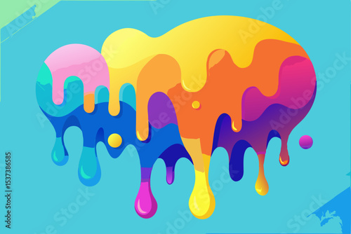 Abstract blue background with flowing paint drops, colorful ink splatters, and wet liquid textures