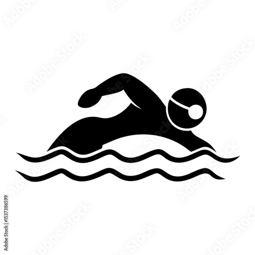 Simple black and white illustration of a swimmer swimming in water waves silhouette vector