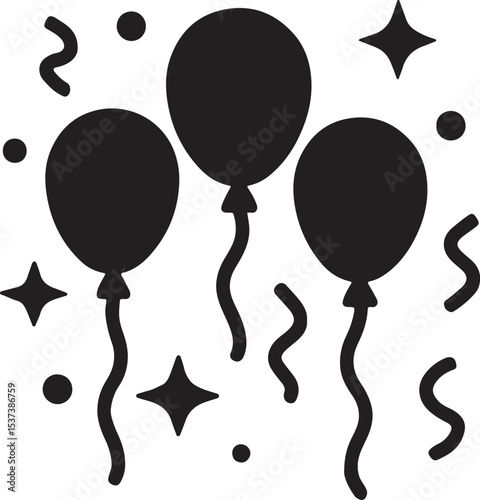 Silhouette vector of balloons and confetti, great for party, celebration, and festive-themed design projects.