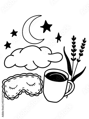 Hand-Drawn Bedtime Routine Vector Graphic. Sleep Mask, Coffee Cup, Lavender, Commercial Use.
