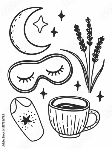 Evening Relaxation Vector Illustration. Sleep Essentials, Cozy Night Items, Digital Download.