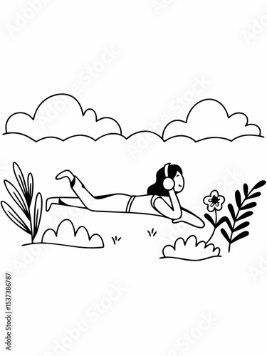 Relaxing in Nature Vector Illustration. Person with Headphones, Outdoor Leisure Doodle, Digital Download.