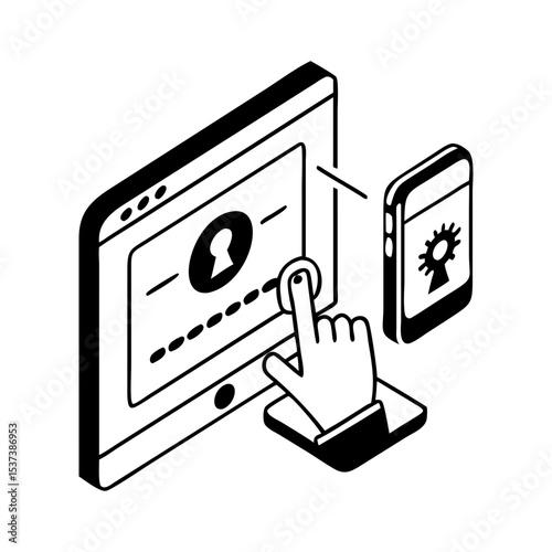 Isometric view of a computer screen and a phone undergoing verification silhouette vector