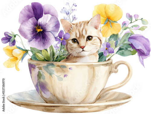Wallpaper Mural Cat in a Teacup Surrounded by Colorful Flowers and Greenery Torontodigital.ca