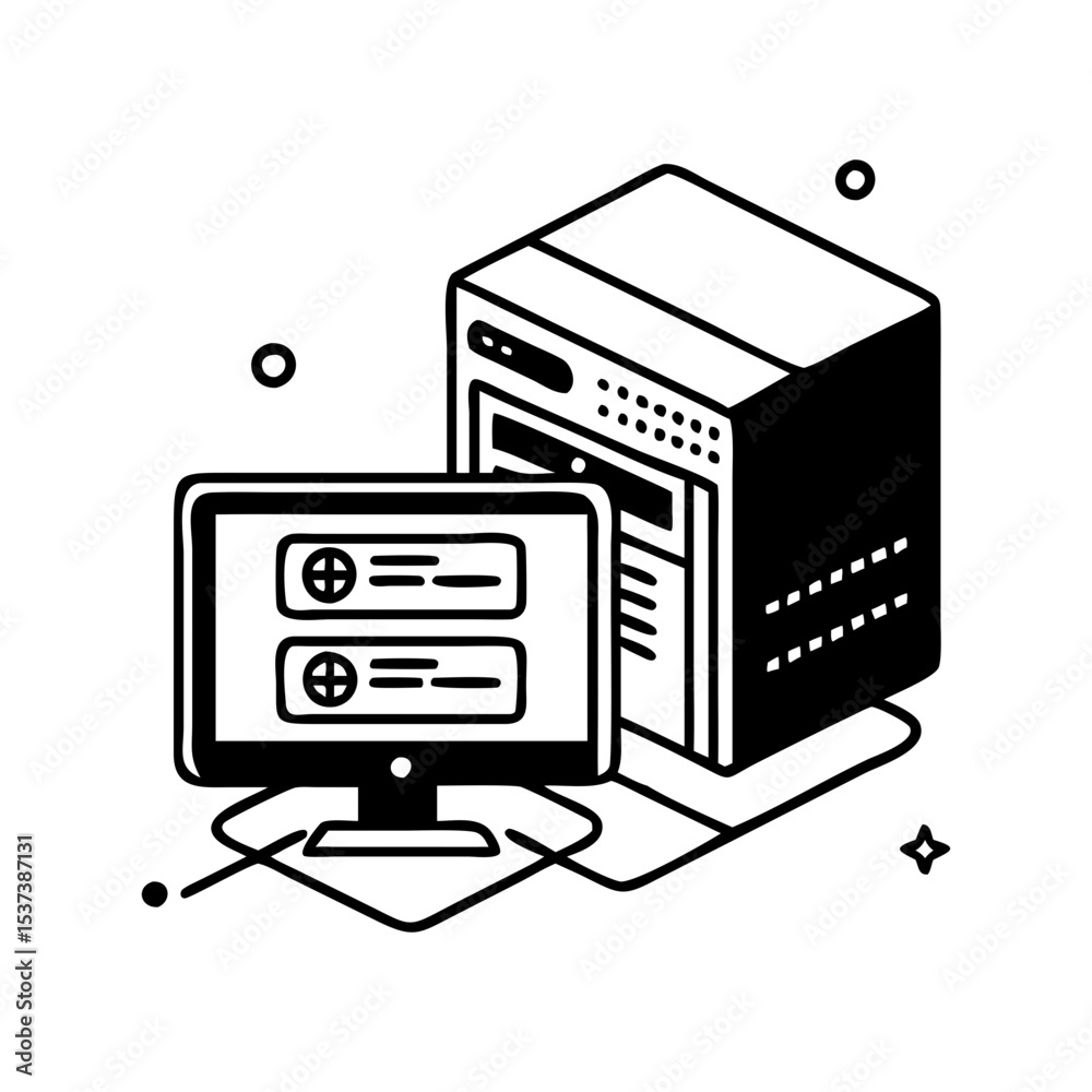 Fototapeta premium Stylized Computer System Setup with Monitor and Server Tower in Monochrome silhouette vector