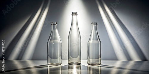 Three clear glass bottles of varying heights are positioned on a surface, illuminated by soft lighting that creates striking shadows against the wall behind them