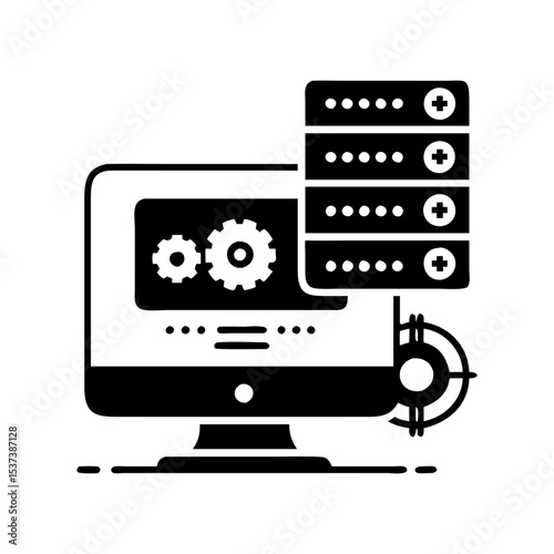 Computer with gears, database, and target, symbolizing system optimization and security silhouette vector