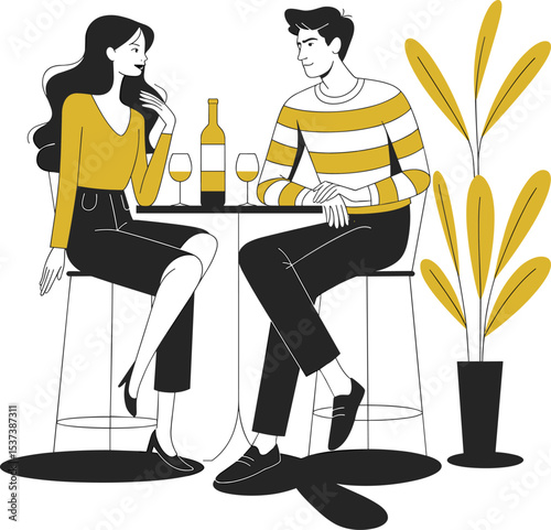 Young couple enjoying a drink at a stylish bar table, sharing a conversation with wine glasses, modern minimalist interior with yellow accents, vector illustration for Adobe Stock