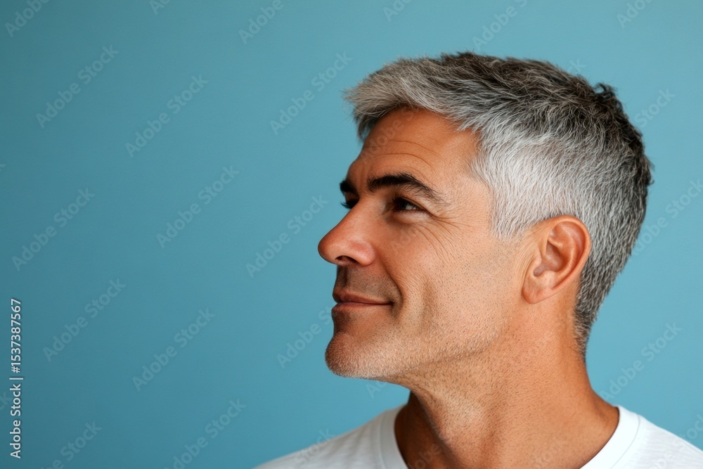 Fototapeta premium A studio shot capturing the essence of a modern man. Elegant men's low fade haircut - midlife white man with grey hair. Blue solid background. Conceptual art of style for aging men.