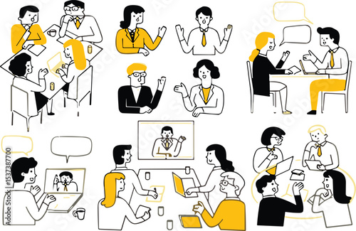 Business team collaboration and brainstorming illustrations featuring people in casual work meetings, video conferencing, and group discussions with laptop, tablet, 