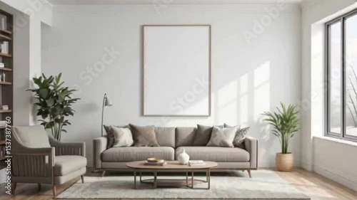 Modern living room interior design featuring a neutral color palette and a blank framed poster.