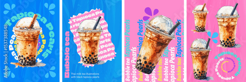 Bubble Tea Posters - Tapioca Pearl Art Collection"  Unleash creativity with our Vibrant Bubble Tea Posters, featuring colorful Thai milk tea illustrations with black tapioca pearls