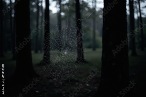A thick spider web hangs between two trees in a dark forest, with soft shadows and a quiet Halloween feeling under a cloudy sky
