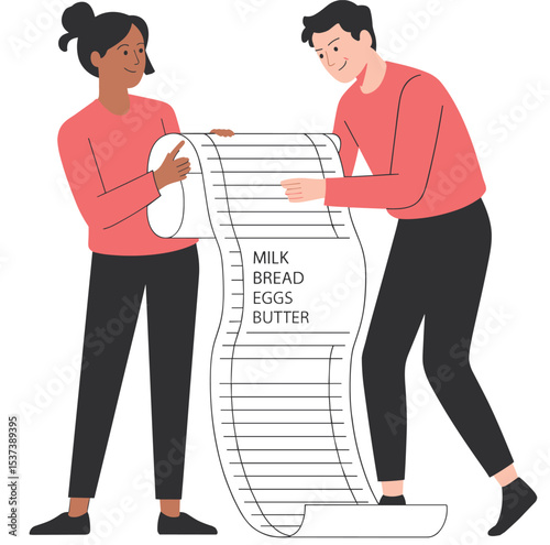 Happy couple holding long shopping list, grocery planning concept, household budgeting, food list illustration, cartoon characters, milk bread eggs butter note organization