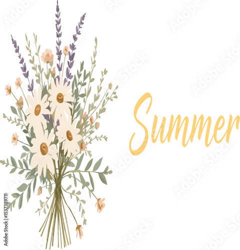 Elegant summer floral bouquet with wildflowers and lavender – hand-drawn vector illustration