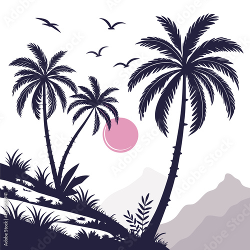 sunset tropical palm tree silhouette illustration