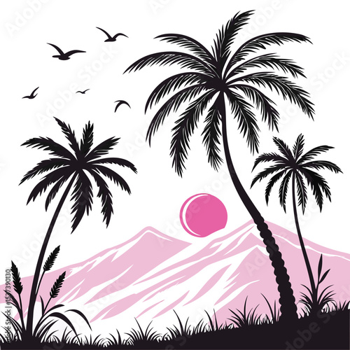 sun and palm trees graphic illustration