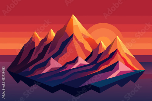 A vector illustration of a mountain landscape with a tent at sunset, ideal for travel design