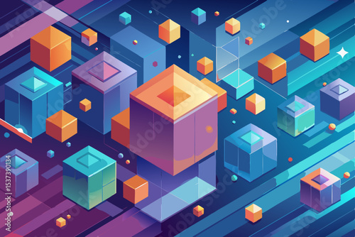 Abstract colorful background with isometric 3D city buildings, houses, and street architecture illustrations for urban residential real estate design