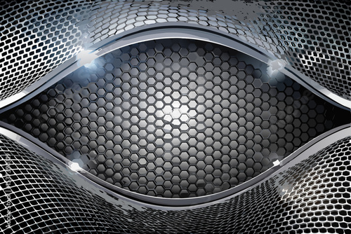 Abstract metallic grid texture on a stainless steel washing machine drum with a speaker-like pattern of holes, evoking industrial technology and sound equipment design