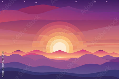 Sunset over mountains, a beautiful evening landscape with vibrant orange and yellow hues across the cloudy sky
