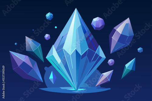 Abstract blue vector illustration featuring an origami paper boat, crystal ball, and a soaring bird design