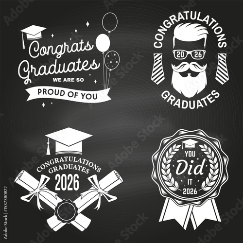 Set of posters and banners for class of 2026 graduation on the chalkboard. Vector. Congratulations graduates banner sticker card with academic hat for high school or college graduation