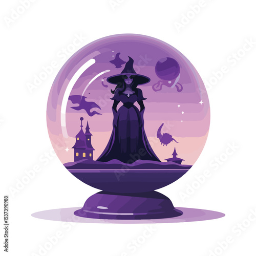 Flat Style Icon of Halloween Witch with Crystal Ball, Creative Design for Spooky Season
