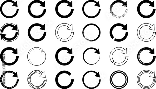 A collection of twenty four black and white circular arrow icons arranged on a white background
