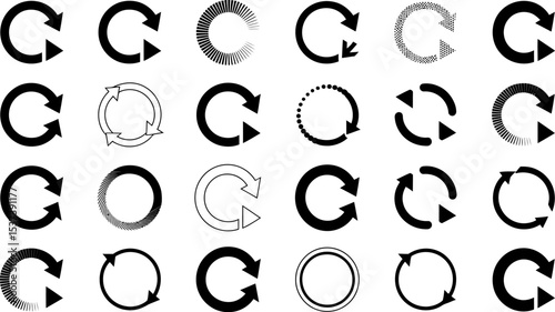 A collection of various black and white circular arrow icons arranged on a white background