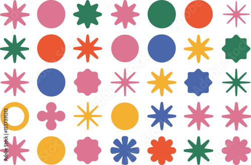 A pattern of colorful geometric shapes including stars circles and other abstract figures on black