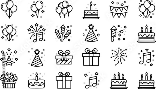 Celebrate special occasions with this outline set of birthday icons featuring gifts, cakes, balloons and party decorations.