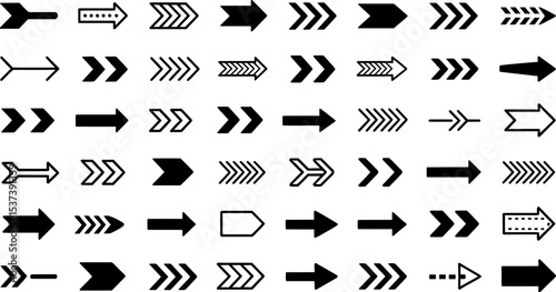 Collection of various black arrow designs pointing right on a white background vector art