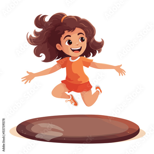 Energetic Young Girl Jumping on Trampoline Against White Background