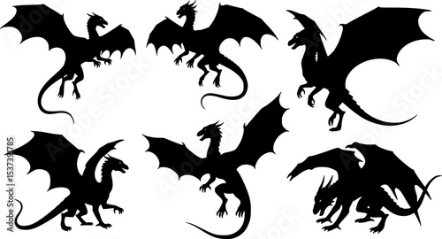 Black dragons silhouette shows flying reptiles in different poses against a white background, creating a fantasy creatures graphic.
