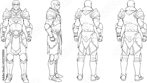 Knight illustration displays full armor in multiple views for design inspiration and creative projects showcasing medieval protection.