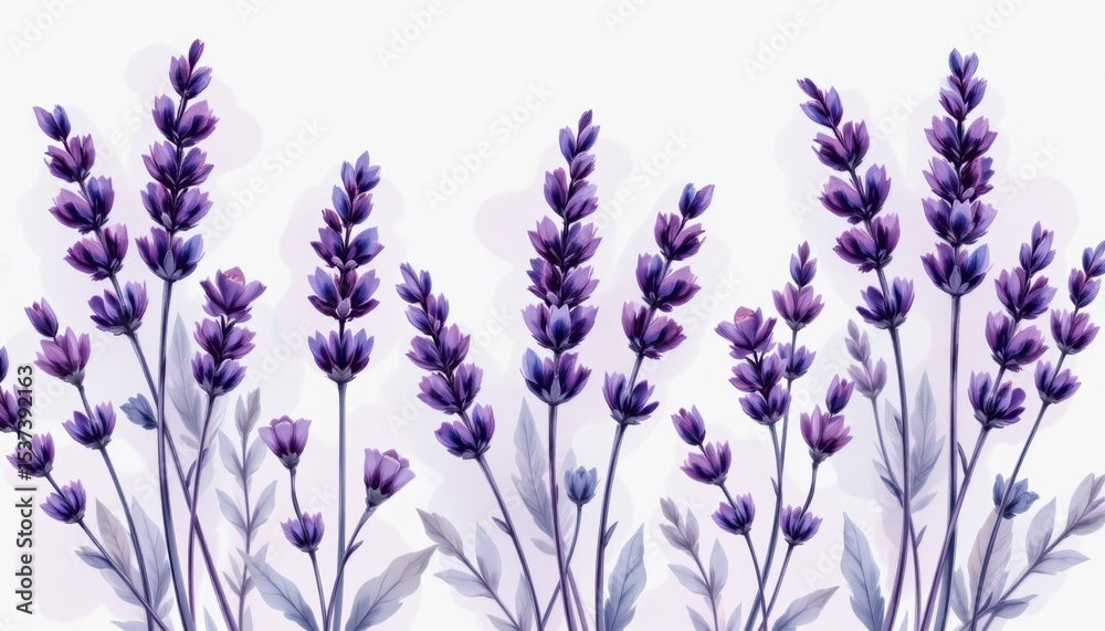 Naklejka premium a collection of purple lavender flowers against a white background, arranged in a row that suggests they are part of an illustrated plant arrangement.
