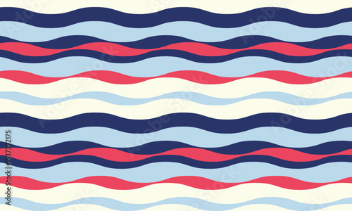 Vibrant wavy stripes in blue, red, and cream create a cheerful, summery pattern. Perfect for textile design, website backgrounds, or any project needing a playful, nautical vibe.