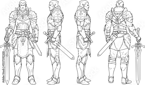 Armored knight concept art presents a full view with swords and intricate armor detailing for fantasy game design or illustration purposes.