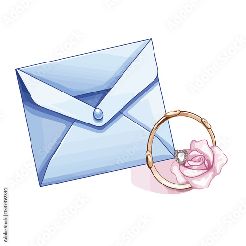 Elegant Love Letter Envelope with Wedding Ring on Blue Lines Background for Weddings and Romance Concepts