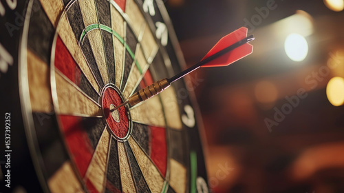 Man with dart aiming at dartboard while working indoors, closeup